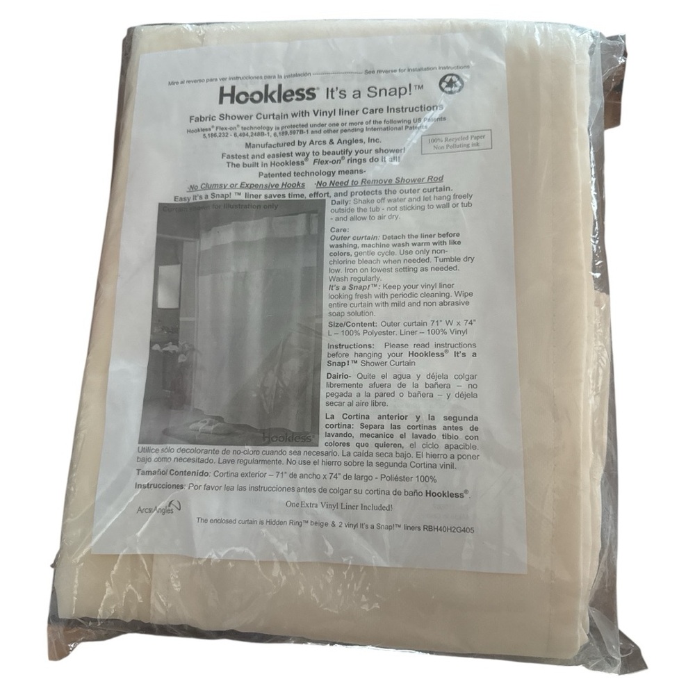 Hookless Its A Snap Fabric Shower Curtain 2 Vinyl Liners Beige New